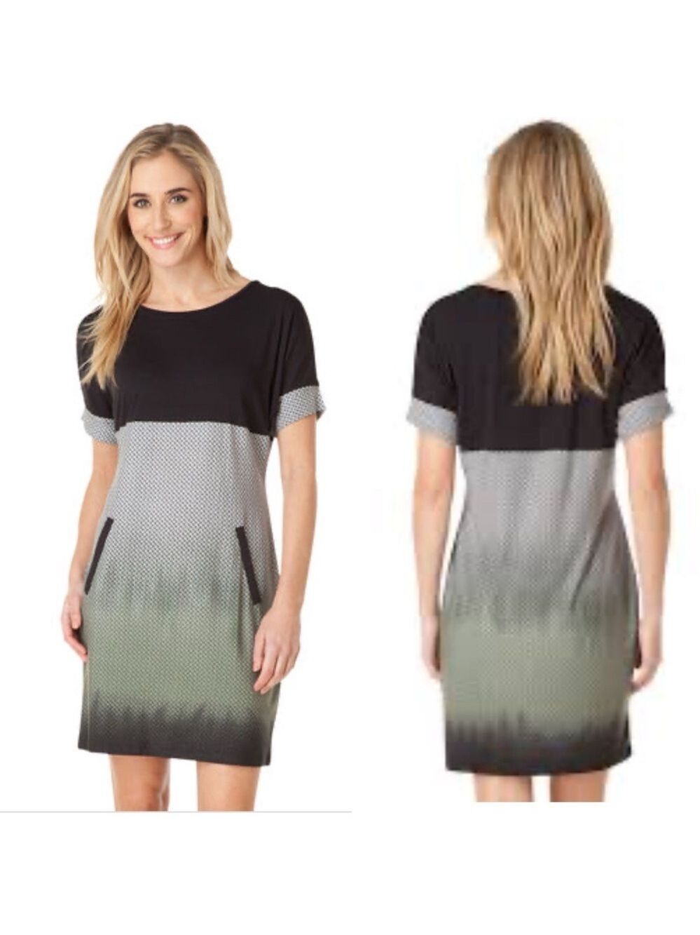 YEST Gadby Ombre Midi Dress Size 10 Black Gray Short Sleeve Minimalistcore Work